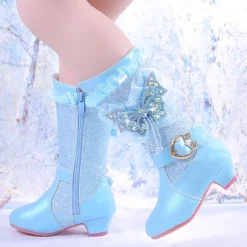 Girls' Glitter Winter Boots with Faux Fur Lining - Blue Mid-Calf Design Featuring Butterfly Rhinestone Decor and Side Zipper Closure