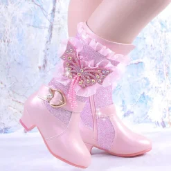 Girls' Glitter Winter Boots with Faux Fur Lining - Blue Mid-Calf Design Featuring Butterfly Rhinestone Decor and Side Zipper Closure