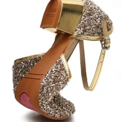 Girls' Gold Glitter Dance Shoes – Low Block Heel, Mary Jane Strap Design, Perfect for Ballroom, Latin, and Party Performances