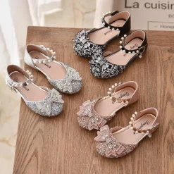 Girls' Heels Daily Glitters Dress Shoes Heel Glitter PU Cosplay Big Kids(7years +) Little Kids(4-7ys) Wedding Party Gift Walking Shoes Dancing Bowknot Pearl Buckle Silver Black Pink Spring Summer