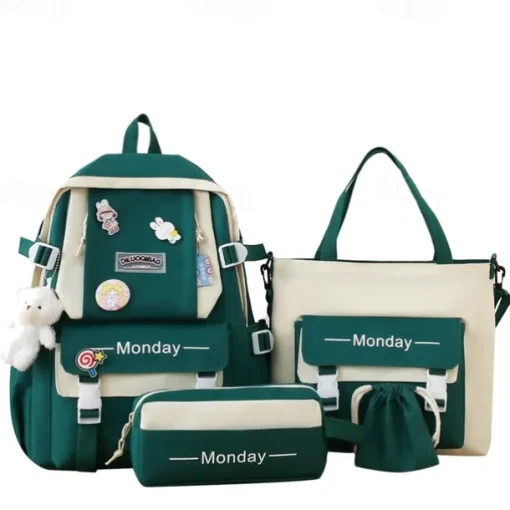 Girls 5-in-1 Green Backpack Set with Cute Accessories – Lightweight School Bag with Tote, Pencil Case and Drawstring Pouch for Teen Students and Daily Use