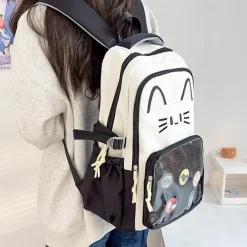 Girls' Kawaii Cat Ear Backpack – Cute Pink School Bag with Clear Display Pocket and Cartoon Pins for Teens and Kids