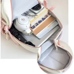 Girls' Kawaii Cat Ear Backpack – Cute Pink School Bag with Clear Display Pocket and Cartoon Pins for Teens and Kids