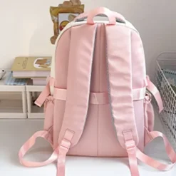 Girls' Kawaii Cat Ear Backpack – Cute Pink School Bag with Clear Display Pocket and Cartoon Pins for Teens and Kids