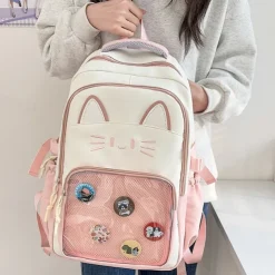Girls' Kawaii Cat Ear Backpack – Cute Pink School Bag with Clear Display Pocket and Cartoon Pins for Teens and Kids
