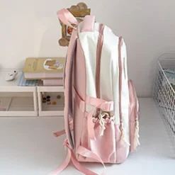 Girls' Kawaii Cat Ear Backpack – Cute Pink School Bag with Clear Display Pocket and Cartoon Pins for Teens and Kids