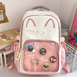 Girls' Kawaii Cat Ear Backpack – Cute Pink School Bag with Clear Display Pocket and Cartoon Pins for Teens and Kids
