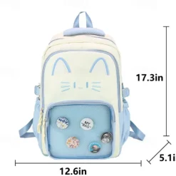 Girls' Kawaii Cat Ear Backpack – Cute Pink School Bag with Clear Display Pocket and Cartoon Pins for Teens and Kids