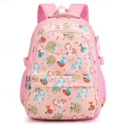 Girls' Pink Cartoon Backpack – Waterproof School Bag with Unicorn and Animal Print for Kindergarten and Elementary Kids