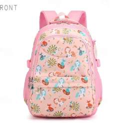 Girls' Pink Cartoon Backpack – Waterproof School Bag with Unicorn and Animal Print for Kindergarten and Elementary Kids