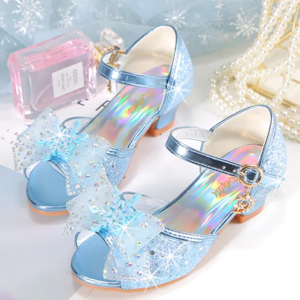 Girls' Pink Glitter Party Shoes – Peep-Toe Design, Bow and Rhinestone Decoration, Adjustable Strap, Perfect for Weddings and Special Occasions