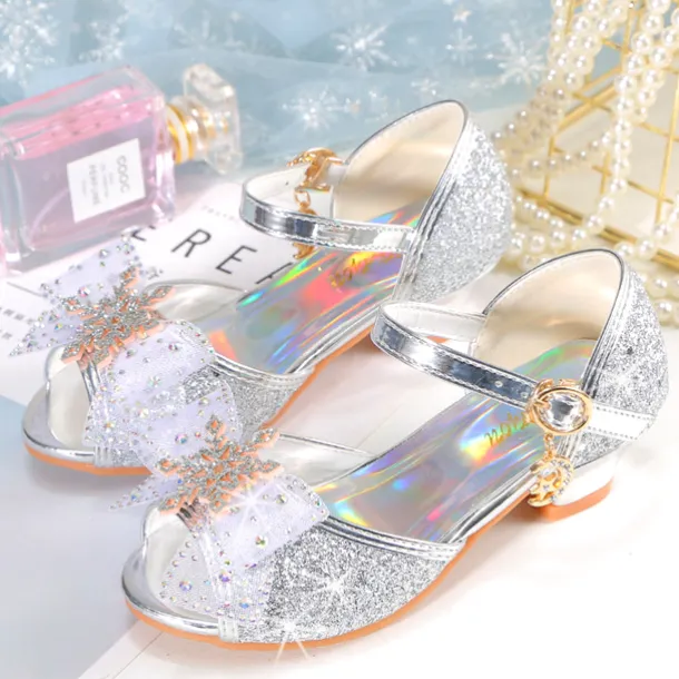 Girls' Pink Glitter Party Shoes – Peep-Toe Design, Bow and Rhinestone Decoration, Adjustable Strap, Perfect for Weddings and Special Occasions