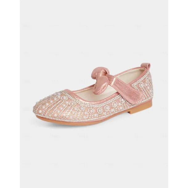 Girls' Pink Pearl-Embellished Ballet Flats with Bow Detail, Soft Comfortable Fit, Ideal for Weddings, Parties, and Special Occasions