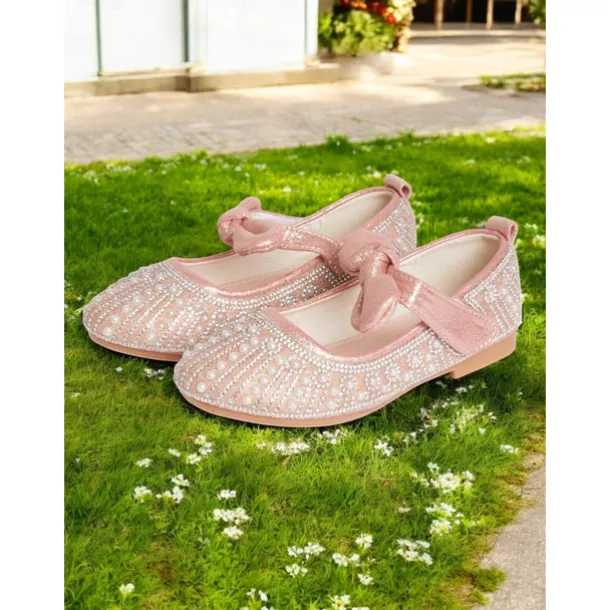 Girls' Pink Pearl-Embellished Ballet Flats with Bow Detail, Soft Comfortable Fit, Ideal for Weddings, Parties, and Special Occasions