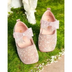 Girls' Pink Pearl-Embellished Ballet Flats with Bow Detail, Soft Comfortable Fit, Ideal for Weddings, Parties, and Special Occasions
