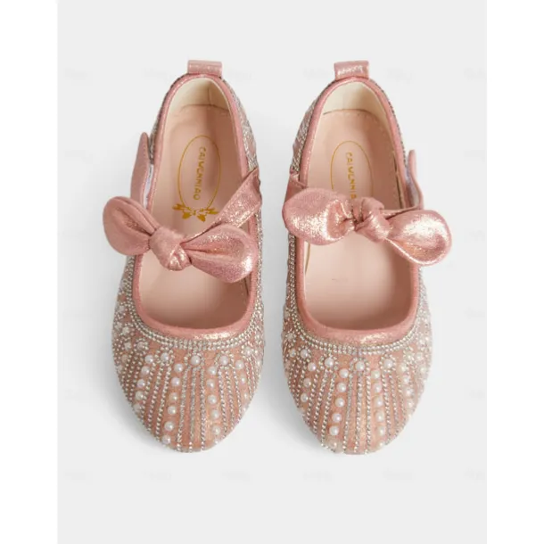 Girls' Pink Pearl-Embellished Ballet Flats with Bow Detail, Soft Comfortable Fit, Ideal for Weddings, Parties, and Special Occasions