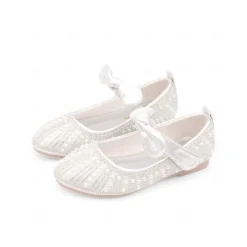 Girls' Pink Pearl-Embellished Ballet Flats with Bow Detail, Soft Comfortable Fit, Ideal for Weddings, Parties, and Special Occasions