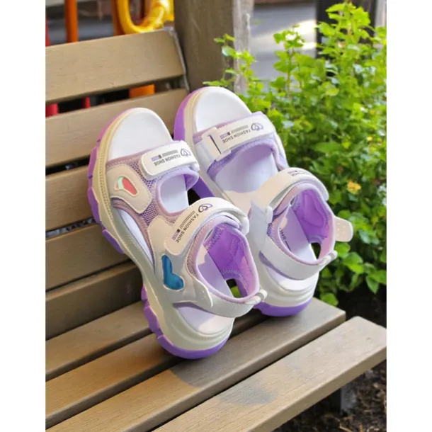 Girls' Purple Sport Sandals with Heart Accents – Anti-Slip Outdoor Shoes for Playground and Back to School Activities