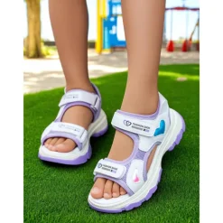 Girls' Purple Sport Sandals with Heart Accents – Anti-Slip Outdoor Shoes for Playground and Back to School Activities