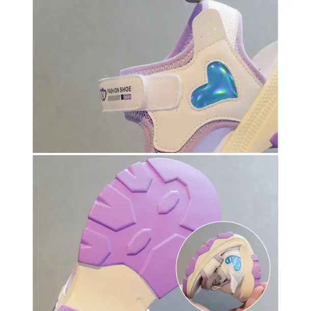 Girls' Purple Sport Sandals with Heart Accents – Anti-Slip Outdoor Shoes for Playground and Back to School Activities