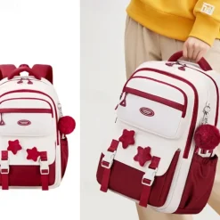 Girls' Red and White School Backpack – Cute Large Capacity Bookbag with Star Patches and Pom-Pom Charm for Teens