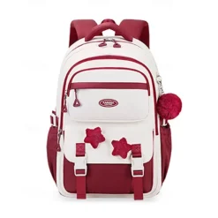Girls' Red and White School Backpack – Cute Large Capacity Bookbag with Star Patches and Pom-Pom Charm for Teens