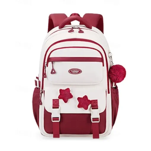 Girls' Red and White School Backpack – Cute Large Capacity Bookbag with Star Patches and Pom-Pom Charm for Teens