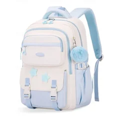 Girls' Red and White School Backpack – Cute Large Capacity Bookbag with Star Patches and Pom-Pom Charm for Teens