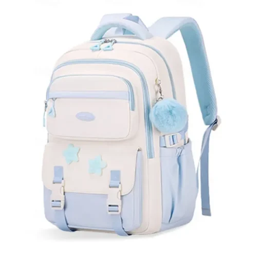 Girls' Red and White School Backpack – Cute Large Capacity Bookbag with Star Patches and Pom-Pom Charm for Teens