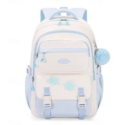 Girls' Red and White School Backpack – Cute Large Capacity Bookbag with Star Patches and Pom-Pom Charm for Teens