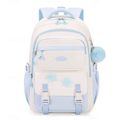 Girls' Red and White School Backpack – Cute Large Capacity Bookbag with Star Patches and Pom-Pom Charm for Teens