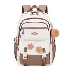Girls' Red and White School Backpack – Cute Large Capacity Bookbag with Star Patches and Pom-Pom Charm for Teens