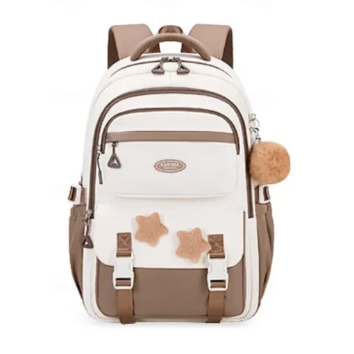 Girls' Red and White School Backpack – Cute Large Capacity Bookbag with Star Patches and Pom-Pom Charm for Teens