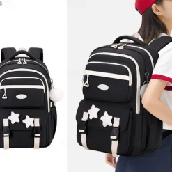 Girls' Red and White School Backpack – Cute Large Capacity Bookbag with Star Patches and Pom-Pom Charm for Teens
