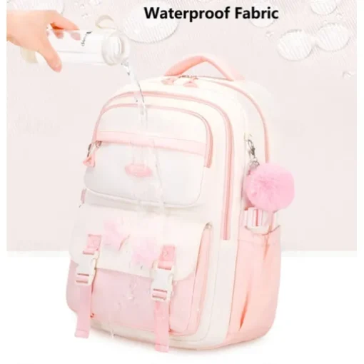 Girls' Red and White School Backpack – Cute Large Capacity Bookbag with Star Patches and Pom-Pom Charm for Teens