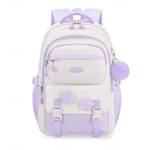 Girls' Red and White School Backpack – Cute Large Capacity Bookbag with Star Patches and Pom-Pom Charm for Teens