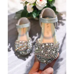Girls' Rhinestone Bow Mary Jane Shoes – Sparkly Pearl Embellished Flower Girl Flats for Weddings & Special Occasions