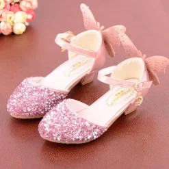Girls' Sparkling Butterfly-Embellished Ballet Flats – Glittery Silver Sandals with Adjustable Strap for Weddings, Parties, and Special Occasions