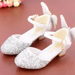 Girls' Sparkling Butterfly-Embellished Ballet Flats – Glittery Silver Sandals with Adjustable Strap for Weddings, Parties, and Special Occasions