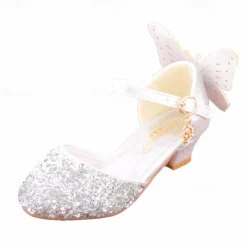 Girls' Sparkling Butterfly-Embellished Ballet Flats – Glittery Silver Sandals with Adjustable Strap for Weddings, Parties, and Special Occasions
