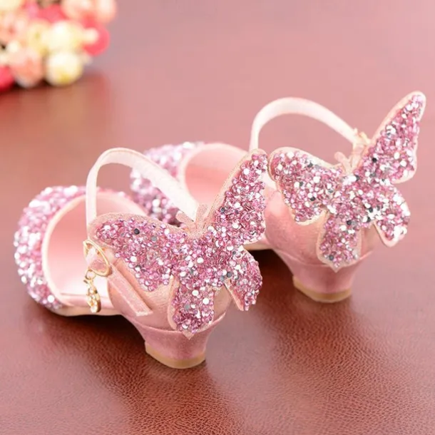 Girls' Sparkling Butterfly-Embellished Ballet Flats – Glittery Silver Sandals with Adjustable Strap for Weddings, Parties, and Special Occasions