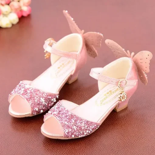 Girls' Sparkly Butterfly Princess Shoes – Glittery Open-Toe Dress Shoes with Low Heels for Weddings or Parties