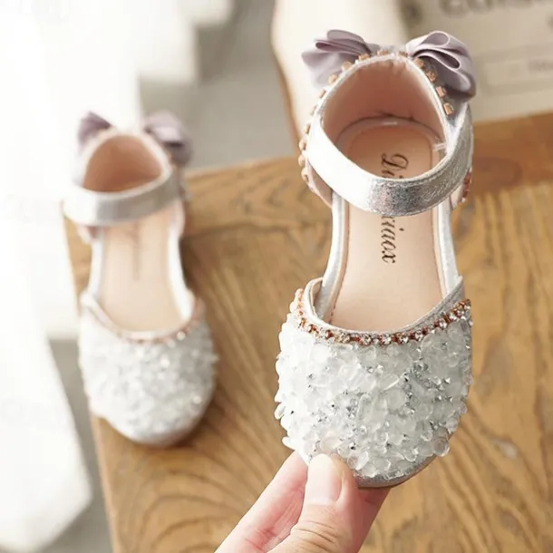 Girls' Sparkly Crystal Flower Girl Shoes with Satin Bow and Hook-and-Loop Strap – Elegant Princess Flats for Weddings, Pageants, and Birthday Parties