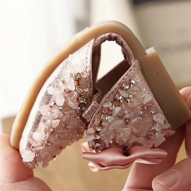 Girls' Sparkly Crystal Flower Girl Shoes with Satin Bow and Hook-and-Loop Strap – Elegant Princess Flats for Weddings, Pageants, and Birthday Parties