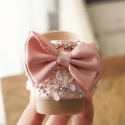 Girls' Sparkly Crystal Flower Girl Shoes with Satin Bow and Hook-and-Loop Strap – Elegant Princess Flats for Weddings, Pageants, and Birthday Parties