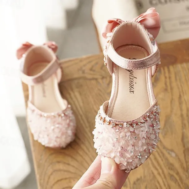 Girls' Sparkly Crystal Flower Girl Shoes with Satin Bow and Hook-and-Loop Strap – Elegant Princess Flats for Weddings, Pageants, and Birthday Parties