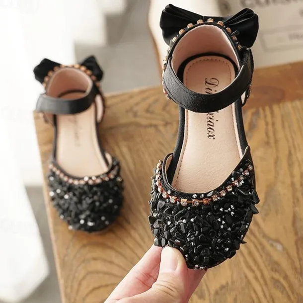 Girls' Sparkly Crystal Flower Girl Shoes with Satin Bow and Hook-and-Loop Strap – Elegant Princess Flats for Weddings, Pageants, and Birthday Parties