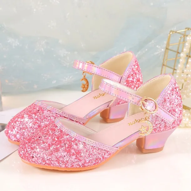 Girls' Sparkly Glitter Dress Shoes – White Mary Jane Heels with Moon Charm Strap for Weddings, Parties, and Formal Events