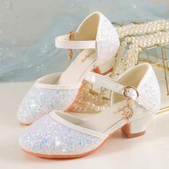 Girls' Sparkly Glitter Dress Shoes – White Mary Jane Heels with Moon Charm Strap for Weddings, Parties, and Formal Events