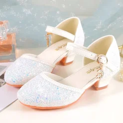 Girls' Sparkly Glitter Dress Shoes – White Mary Jane Heels with Moon Charm Strap for Weddings, Parties, and Formal Events